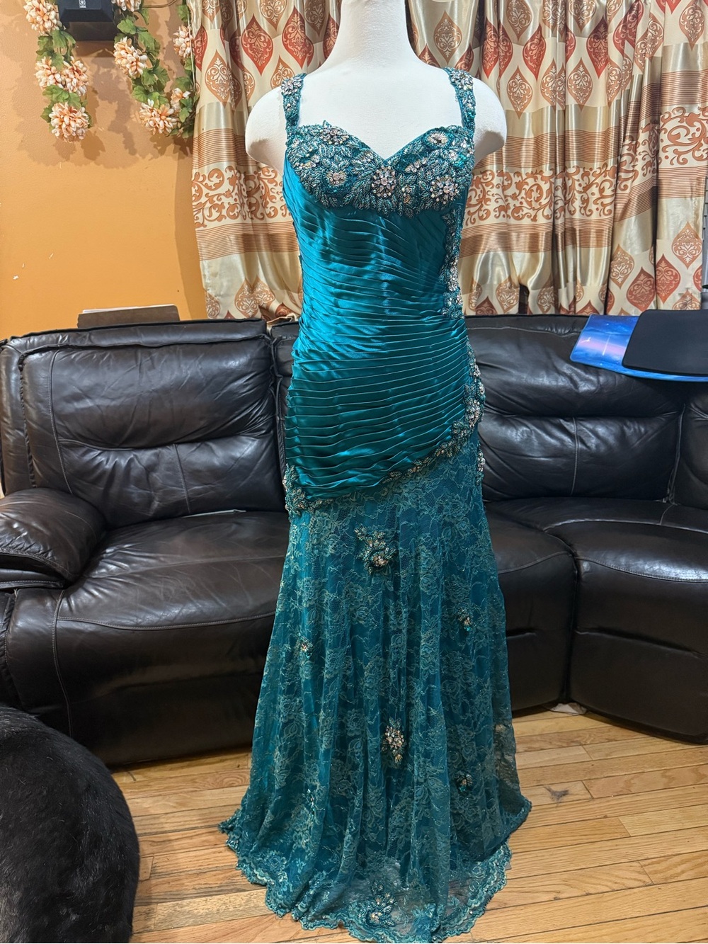 Terani Y2K teal beaded Mermaid Gown dress with lace and sequins size 8